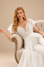 Rutipo Ivory Jumpsuit/Pantsuit Plunge Neck Cape Sleeves Detachable Chiffon Train/Lace Wedding Dress