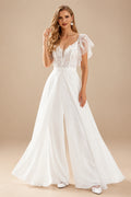 Rutipo Ivory Jumpsuit/Pantsuit Plunge Neck Cape Sleeves Detachable Chiffon Train/Lace Wedding Dress