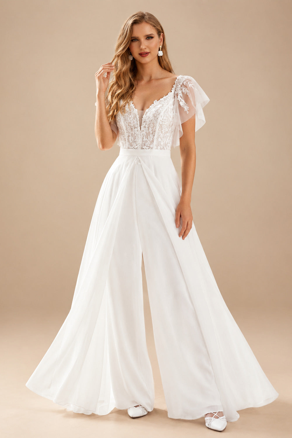 Rutipo Ivory Jumpsuit/Pantsuit Plunge Neck Cape Sleeves Detachable Chiffon Train/Lace Wedding Dress