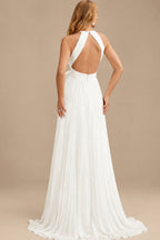 Rutipo Ivory A-Line Cowl Neck Sleeveless Sweep Train Chiffon With Bow(s)/Pockets Wedding Dress