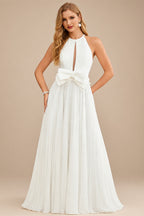 Rutipo Ivory A-Line Cowl Neck Sleeveless Sweep Train Chiffon With Bow(s)/Pockets Wedding Dress