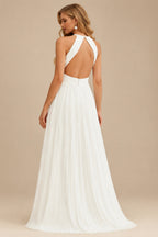 Rutipo Ivory A-Line Cowl Neck Sleeveless Sweep Train Chiffon With Bow(s)/Pockets Wedding Dress