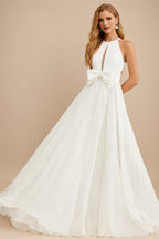 Rutipo Ivory A-Line Cowl Neck Sleeveless Sweep Train Chiffon With Bow(s)/Pockets Wedding Dress