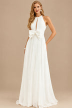 Rutipo Ivory A-Line Cowl Neck Sleeveless Sweep Train Chiffon With Bow(s)/Pockets Wedding Dress