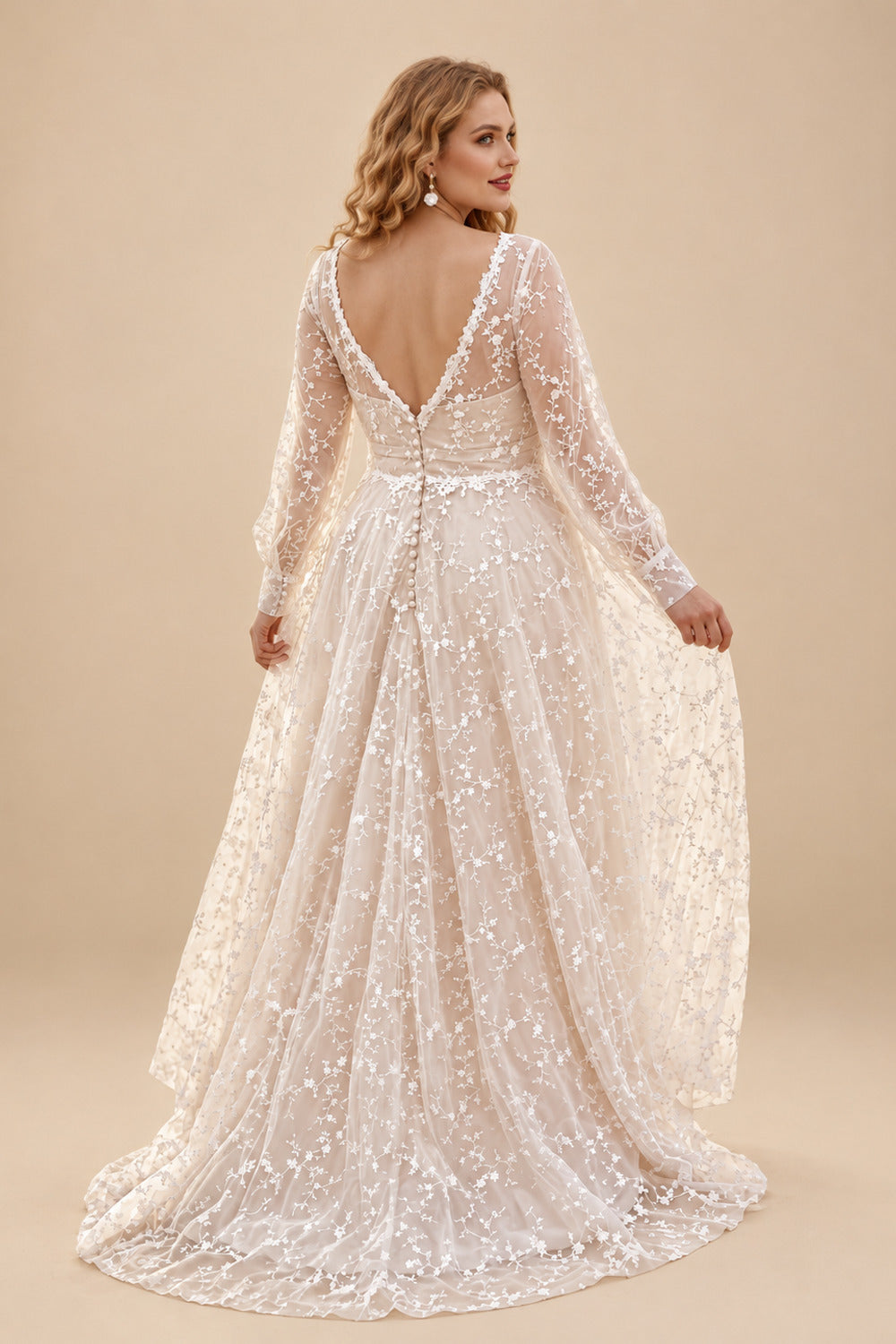 Rutipo As Picture Elegant V-Neck Long Sleeves High Split A-Line Sweep Train Lace Wedding Dresses