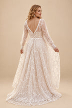 Rutipo As Picture Elegant V-Neck Long Sleeves High Split A-Line Sweep Train Lace Wedding Dresses