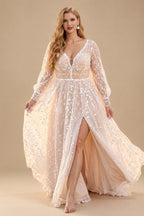 Rutipo As Picture Elegant V-Neck Long Sleeves High Split A-Line Sweep Train Lace Wedding Dresses