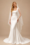 Rutipo Ivory Elegant Square Neckline Sleeveless Mermaid Sweep Train Satin Wedding Dresses