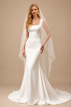 Rutipo Ivory Elegant Square Neckline Sleeveless Mermaid Sweep Train Satin Wedding Dresses