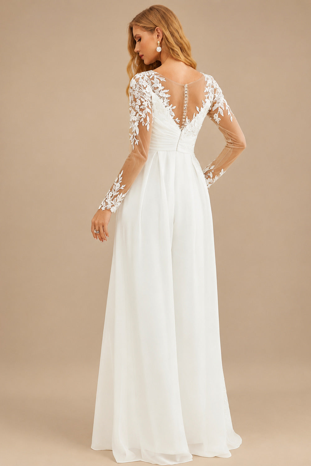 Rutipo Ivory Jumpsuit/Pantsuit Sweetheart Long Sleeves Floor-Length Bride Wedding Dress With Lace