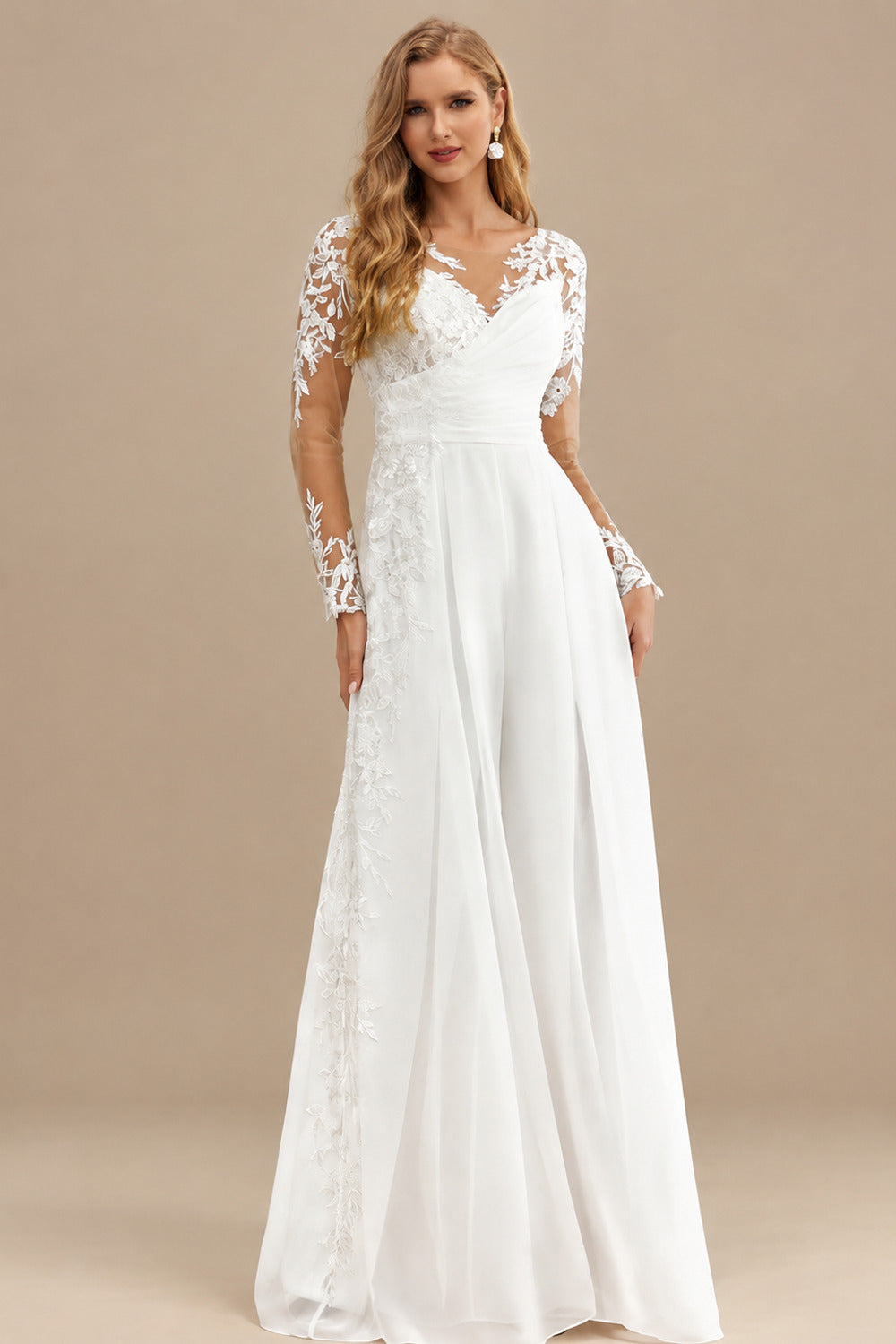 Rutipo Ivory Jumpsuit/Pantsuit Sweetheart Long Sleeves Floor-Length Bride Wedding Dress With Lace
