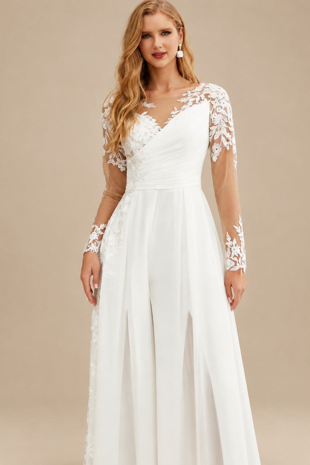 Rutipo Ivory Jumpsuit/Pantsuit Sweetheart Long Sleeves Floor-Length Bride Wedding Dress With Lace
