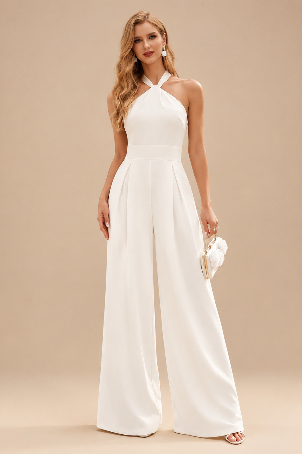 Rutipo Ivory Jumpsuit/Pantsuit Halter Sleeveless Floor-Length Elastic Satin With Bow Bride Wedding Dress