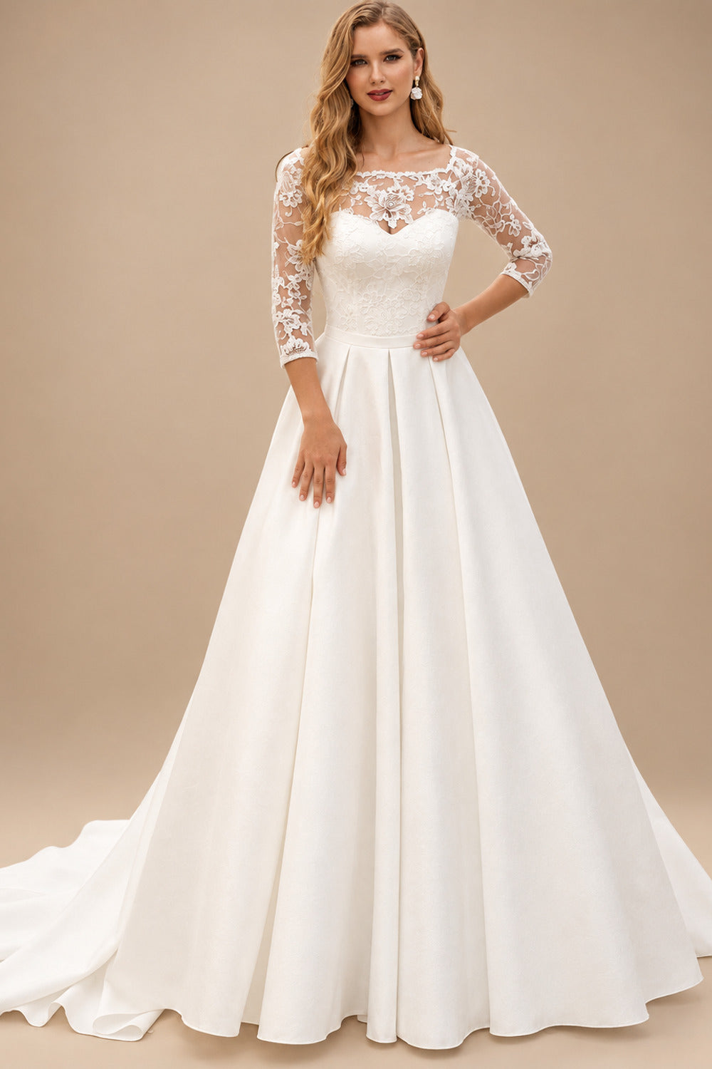 Rutipo Ivory A-Line Illusion Neck 3/4 Sleeves Court Train Satin Wedding Dresses With Appliques Lace