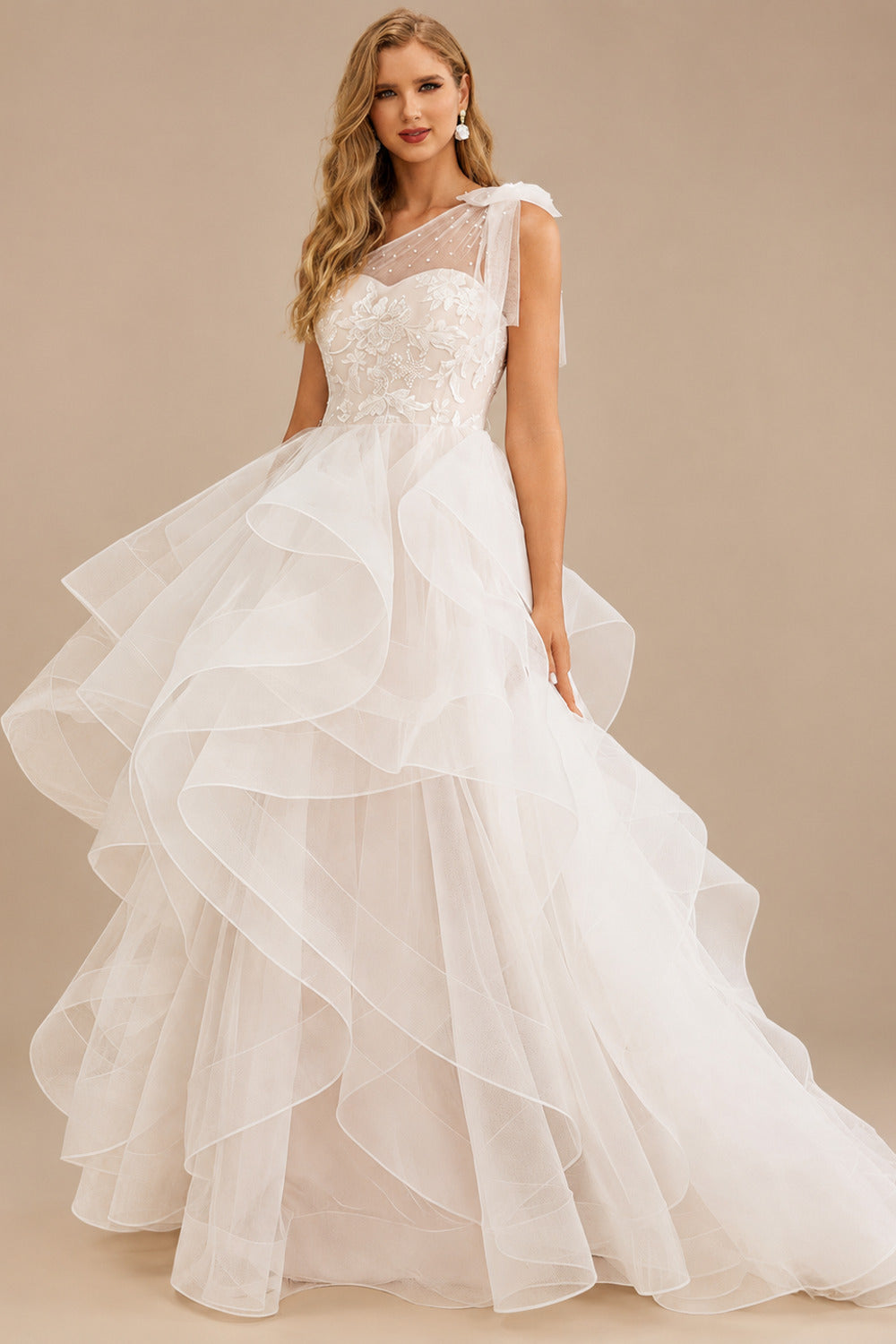 Rutipo As Picture Ball-Gown One-Shoulder Sleeveless Sweep Train Lace/Satin With Beading Flower Bride Wedding Dress