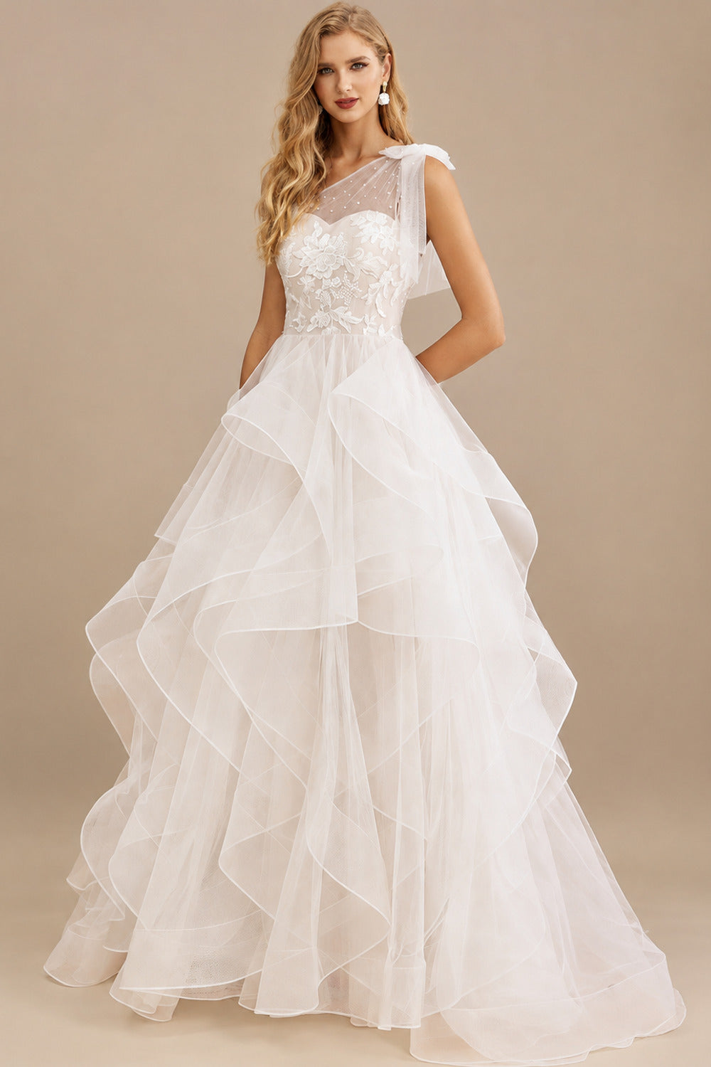 Rutipo As Picture Ball-Gown One-Shoulder Sleeveless Sweep Train Lace/Satin With Beading Flower Bride Wedding Dress
