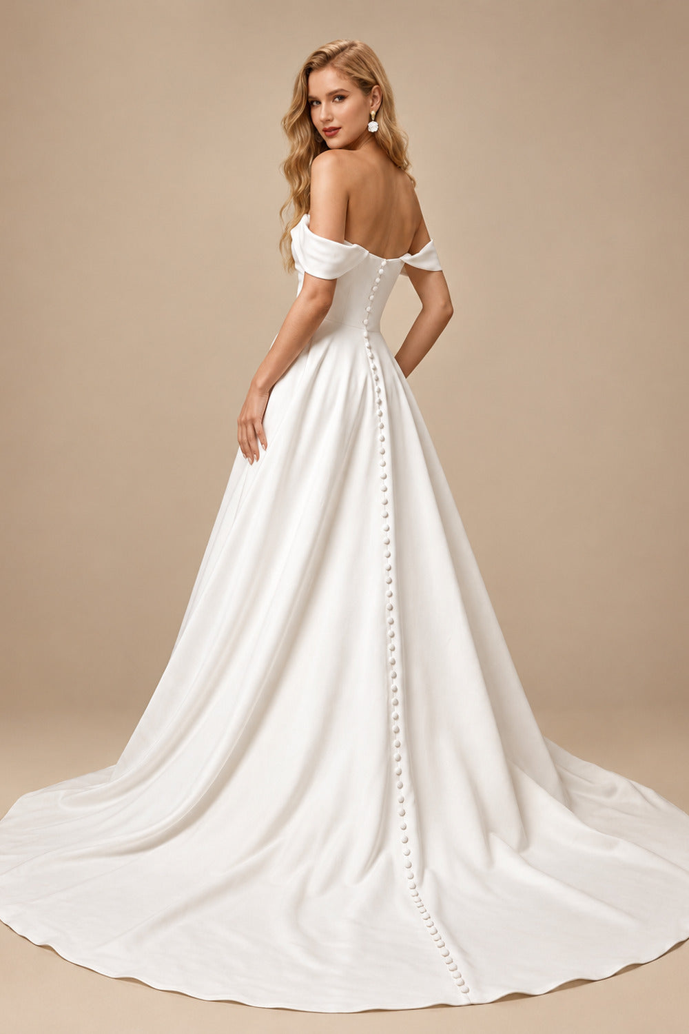 Rutipo Ivory Ball-Gown Off-The-Shoulder Sleeveless Court Train Crepe Satin Wedding Dresses