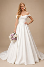 Rutipo Ivory Ball-Gown Off-The-Shoulder Sleeveless Court Train Crepe Satin Wedding Dresses