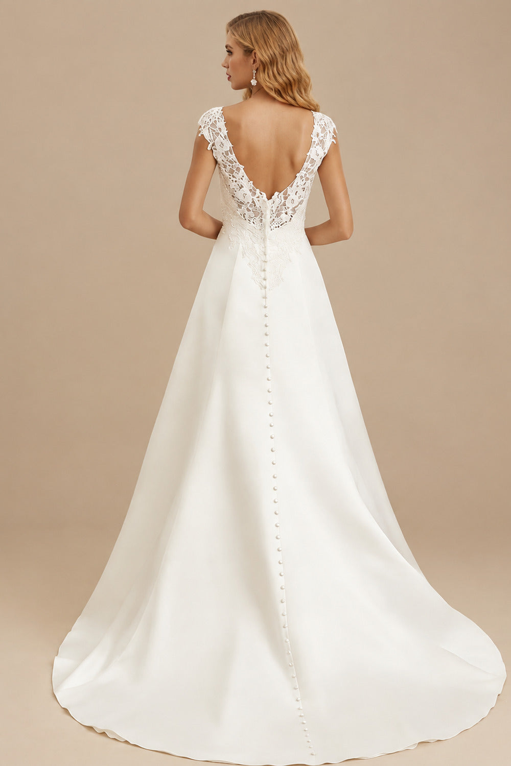 Rutipo Ivory A-Line V-Neck Sleeveless Sweep Train Matte Satin Wedding Dresses With Appliques Lace