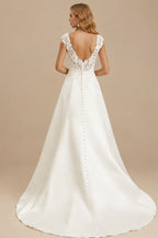 Rutipo Ivory A-Line V-Neck Sleeveless Sweep Train Matte Satin Wedding Dresses With Appliques Lace