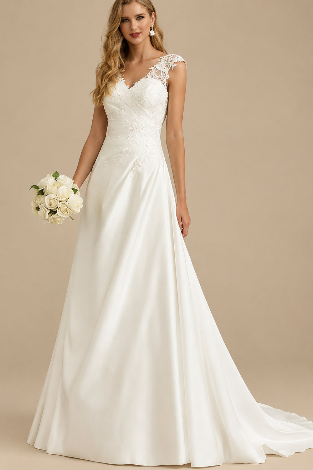 Rutipo Ivory A-Line V-Neck Sleeveless Sweep Train Matte Satin Wedding Dresses With Appliques Lace