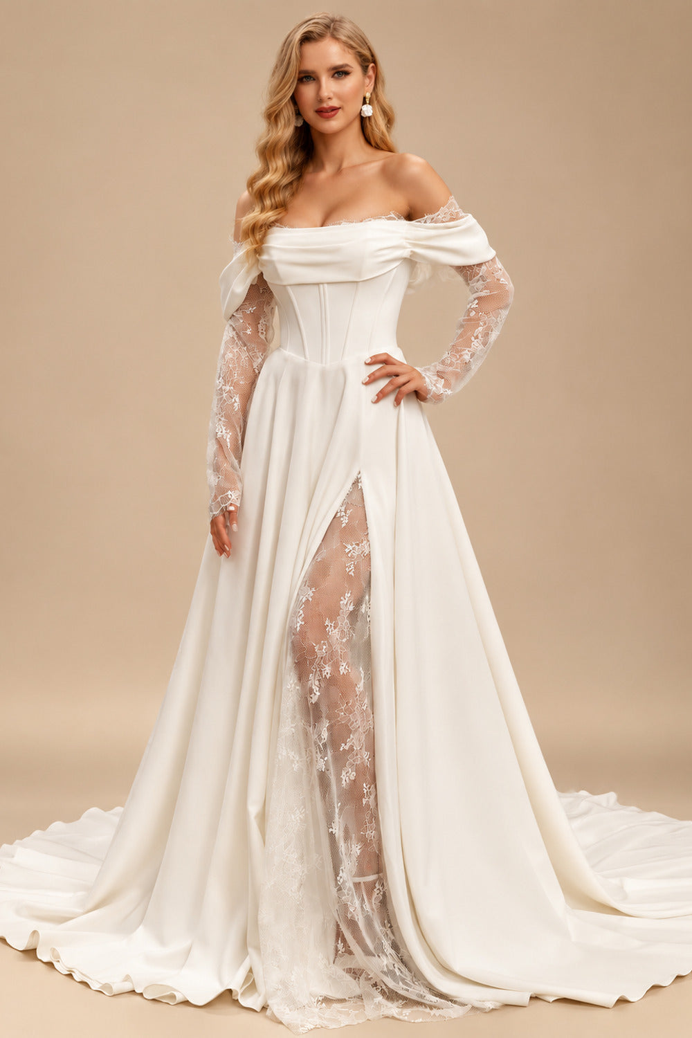 Rutipo Ivory A-Line Off-The-Shoulder Long Sleeves Court Train Lace Wedding Dresses With Split Front