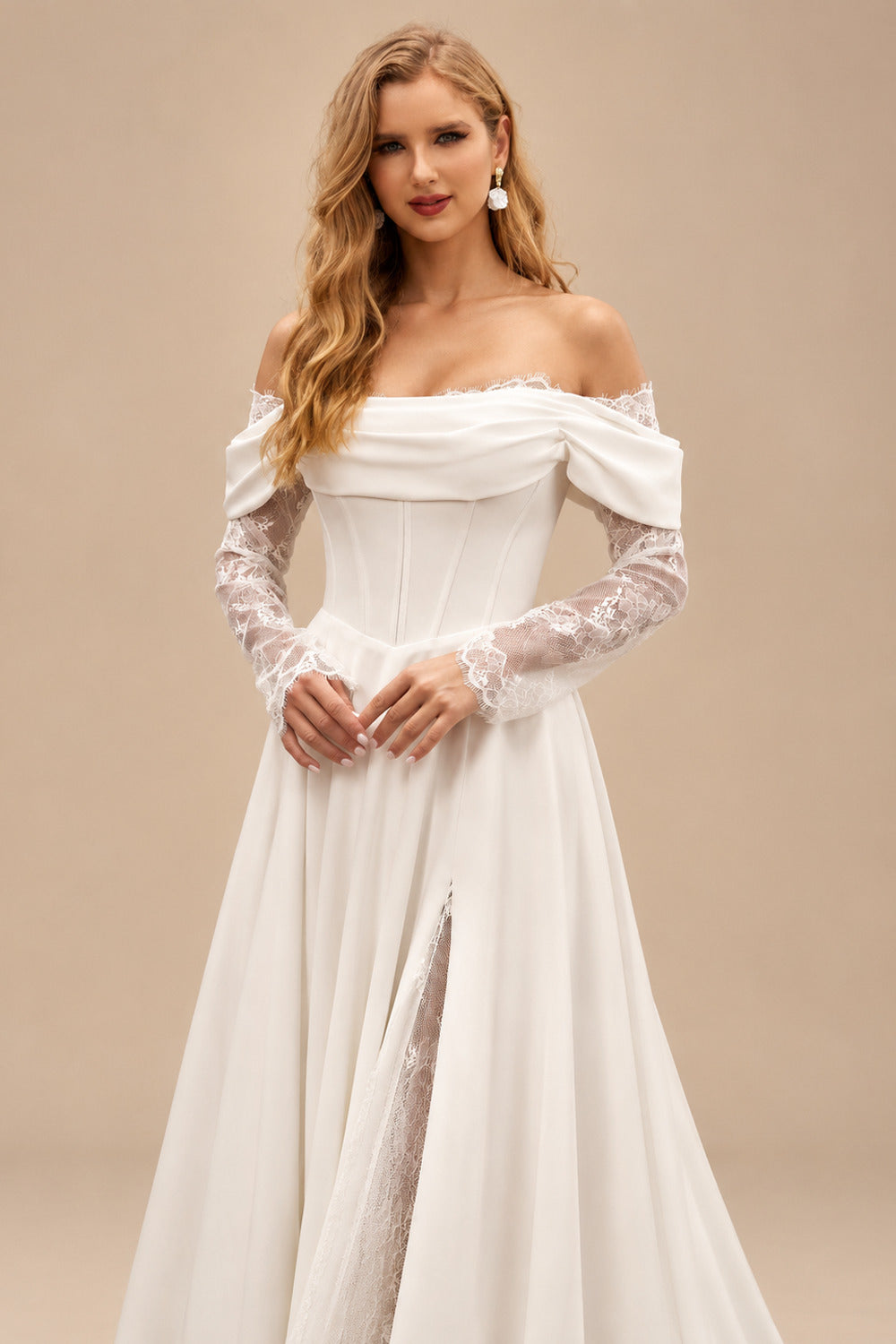 Rutipo Ivory A-Line Off-The-Shoulder Long Sleeves Court Train Lace Wedding Dresses With Split Front