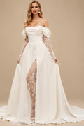 Rutipo Ivory A-Line Off-The-Shoulder Long Sleeves Court Train Lace Wedding Dresses With Split Front