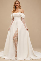 Rutipo Ivory A-Line Off-The-Shoulder Long Sleeves Court Train Lace Wedding Dresses With Split Front