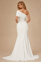 Rutipo Ivory Trumpet/Mermaid One-Shoulder Sleeveless Sweep Train Elastic Satin With Beading Bride Wedding Dress