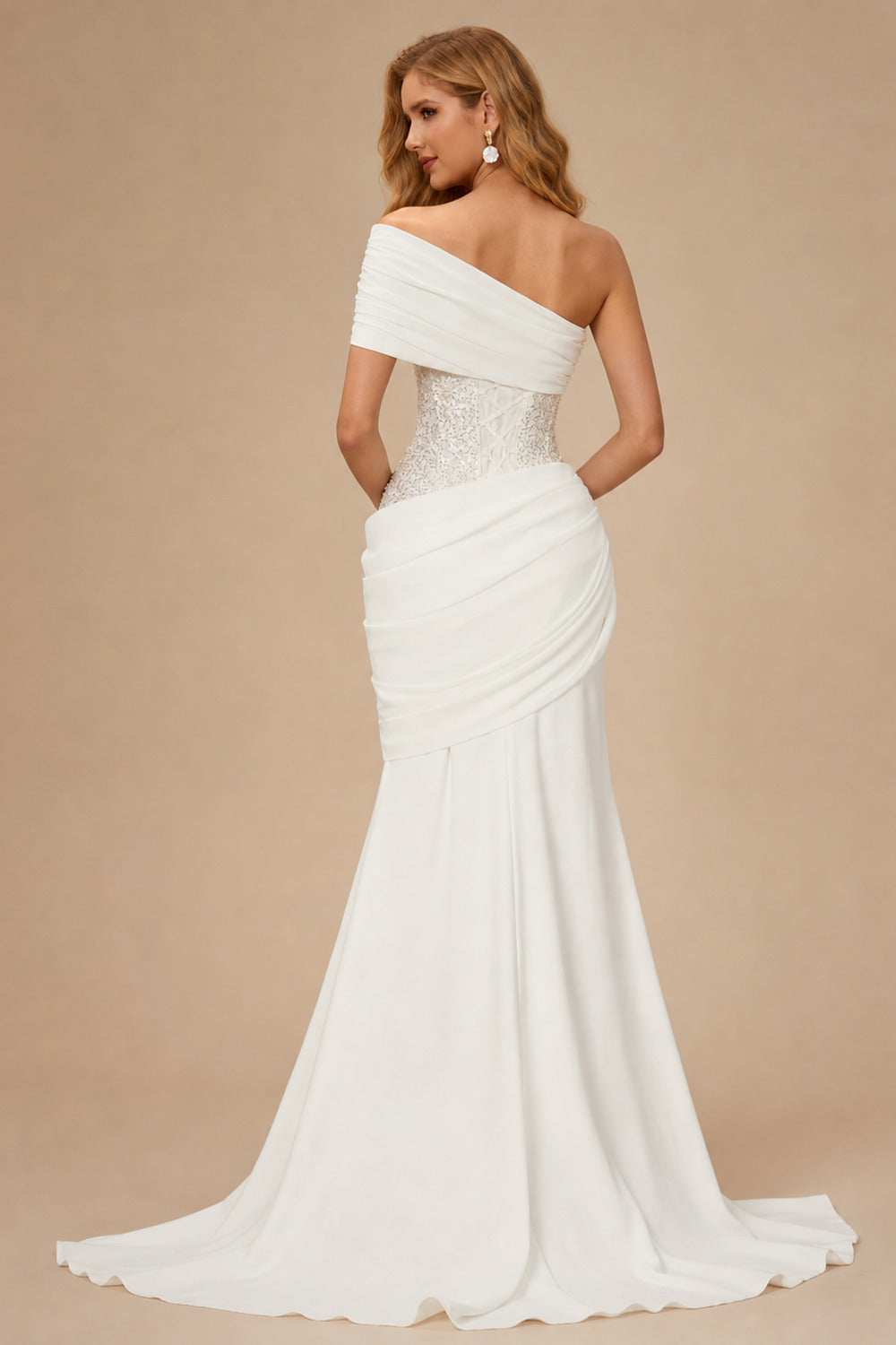 Rutipo Ivory Trumpet/Mermaid One-Shoulder Sleeveless Sweep Train Elastic Satin With Beading Bride Wedding Dress