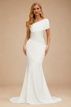 Rutipo Ivory Trumpet/Mermaid One-Shoulder Sleeveless Sweep Train Elastic Satin With Beading Bride Wedding Dress
