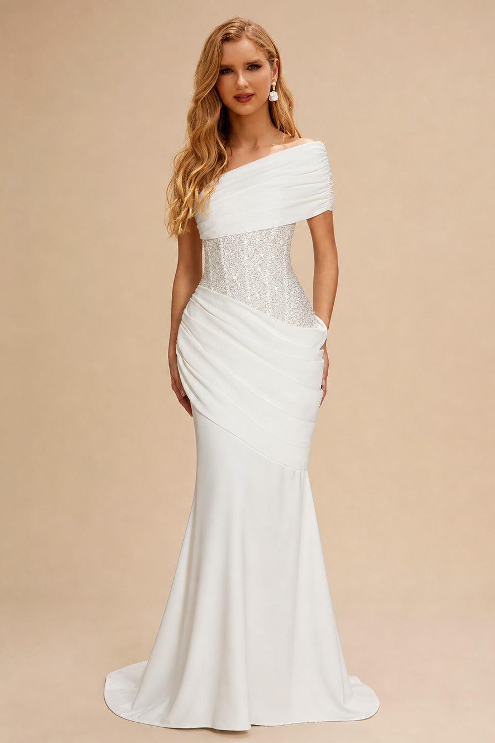 Rutipo Ivory Trumpet/Mermaid One-Shoulder Sleeveless Sweep Train Elastic Satin With Beading Bride Wedding Dress
