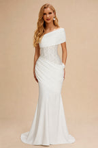 Rutipo Ivory Trumpet/Mermaid One-Shoulder Sleeveless Sweep Train Elastic Satin With Beading Bride Wedding Dress