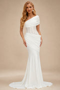 Rutipo Ivory Trumpet/Mermaid One-Shoulder Sleeveless Sweep Train Elastic Satin With Beading Bride Wedding Dress