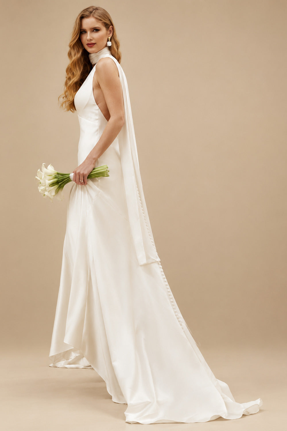 Rutipo Ivory Ball-Gown Plunge Neck Sleeveless Chapel Train Crepe Satin Bride Wedding Dress