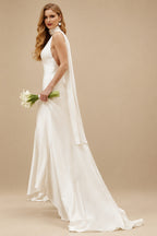 Rutipo Ivory Ball-Gown Plunge Neck Sleeveless Chapel Train Crepe Satin Bride Wedding Dress