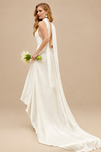 Rutipo Ivory Ball-Gown Plunge Neck Sleeveless Chapel Train Crepe Satin Bride Wedding Dress