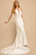Rutipo Ivory Ball-Gown Plunge Neck Sleeveless Chapel Train Crepe Satin Bride Wedding Dress