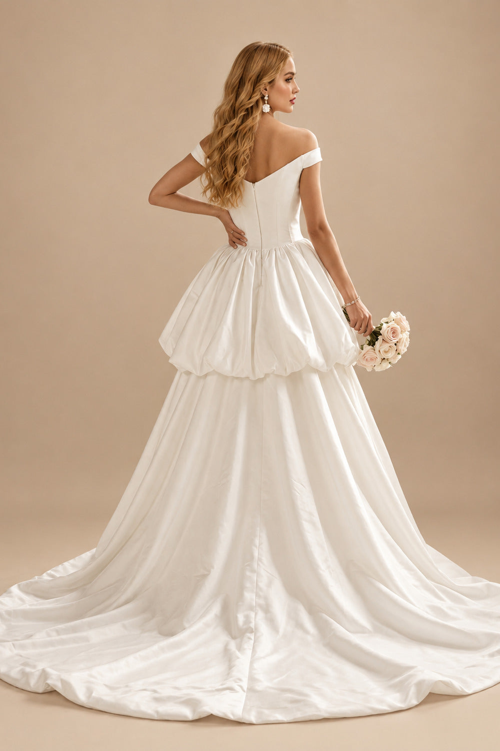 Rutipo Ivory Ball-Gown Off-The-Shoulder Sleeveless Royal Matte Satin Bride Wedding Dress