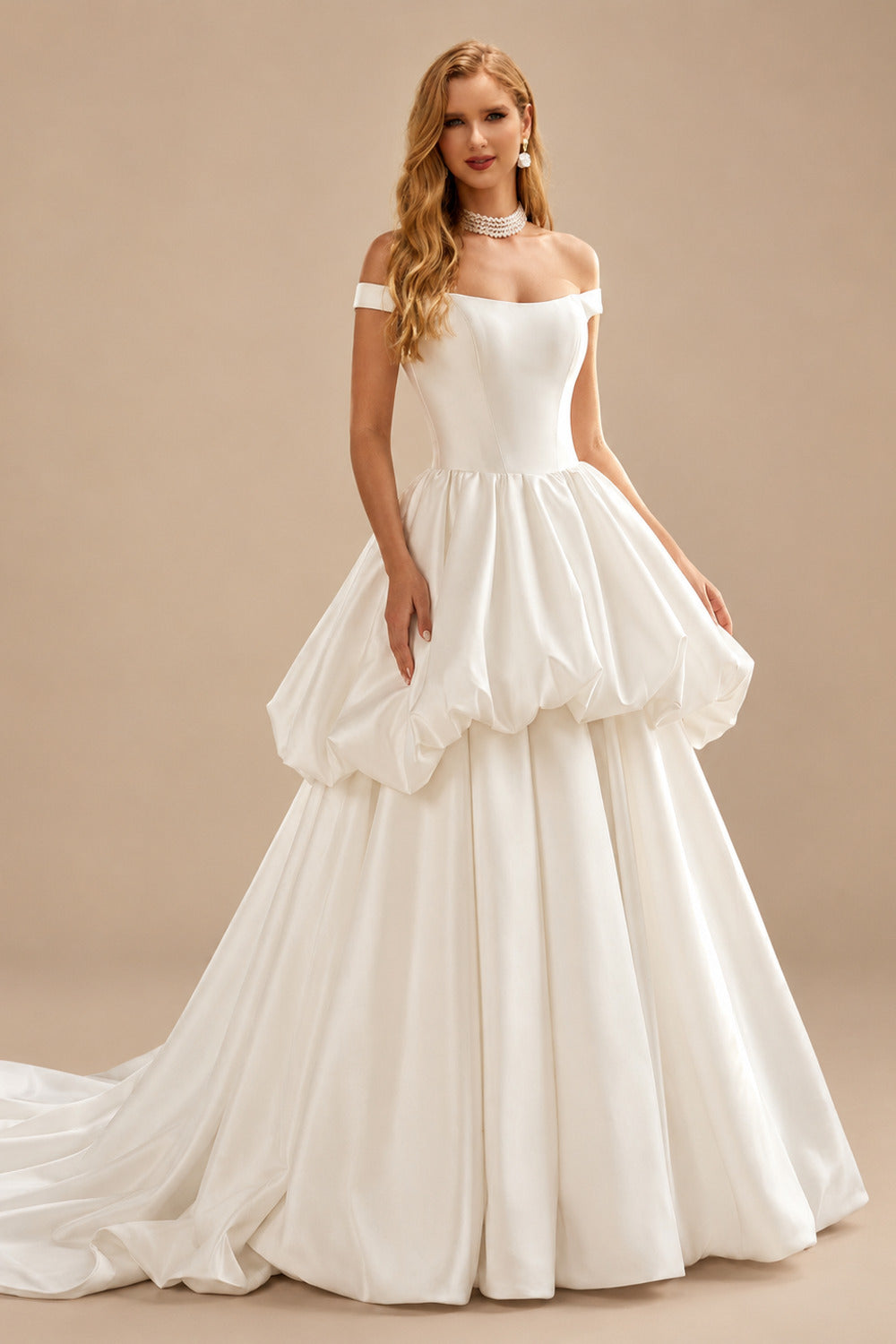 Rutipo Ivory Ball-Gown Off-The-Shoulder Sleeveless Royal Matte Satin Bride Wedding Dress