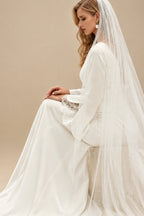 Rutipo Ivory Trumpet/Mermaid Plunge Neck Long Sleeves Chapel Train Elastic Satin With Lace Bride Wedding Dress