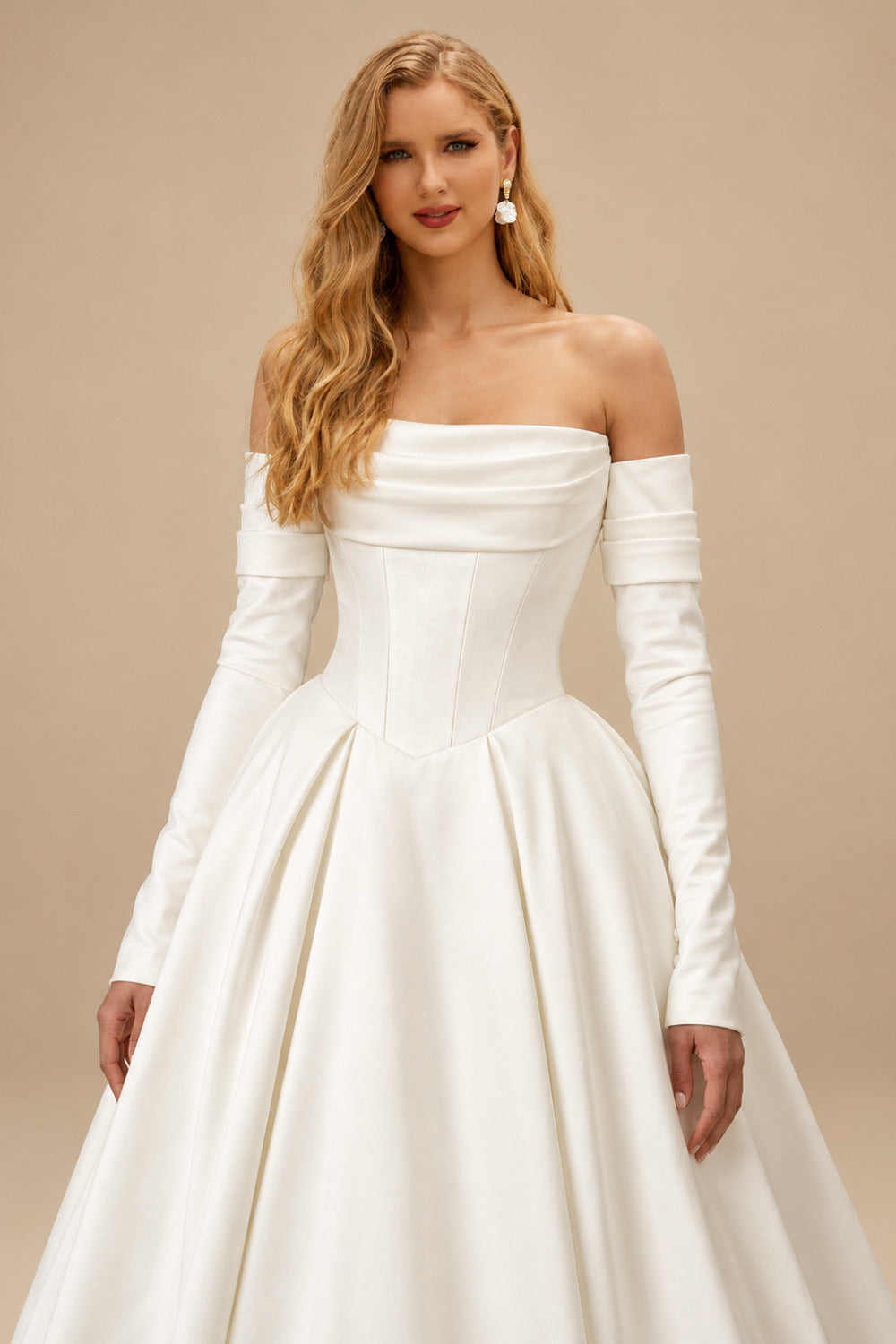 Rutipo Ivory Ball-Gown Sweetheart Detachable Sleeves Chapel Train Twill Satin With Pockets Bride Wedding Dress