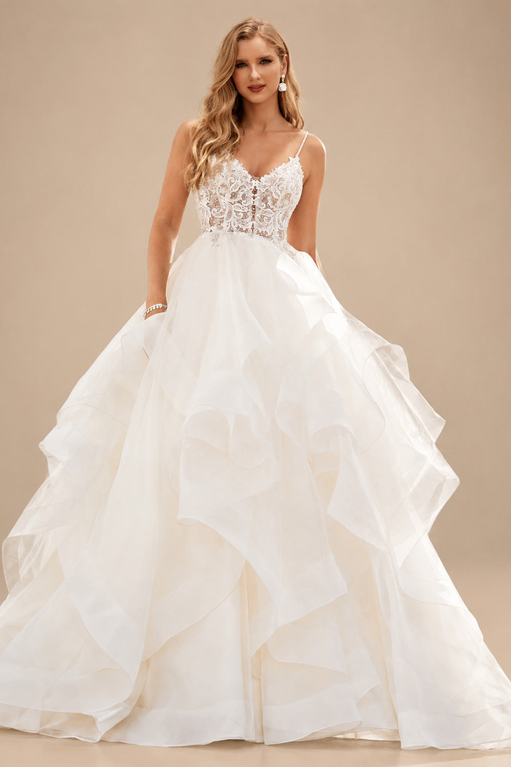 Rutipo Ivory Ball-Gown V-Neck Sleeveless Chapel Train Satin/Organza With Appliques Bride Wedding Dress