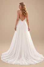Rutipo Ivory A-Line Halter Sleeveless Sweep Train LaceTulle/Charmeuse With Pockets Bride Wedding Dress