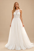 Rutipo Ivory A-Line Halter Sleeveless Sweep Train LaceTulle/Charmeuse With Pockets Bride Wedding Dress