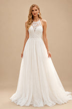 Rutipo Ivory A-Line Halter Sleeveless Sweep Train LaceTulle/Charmeuse With Pockets Bride Wedding Dress