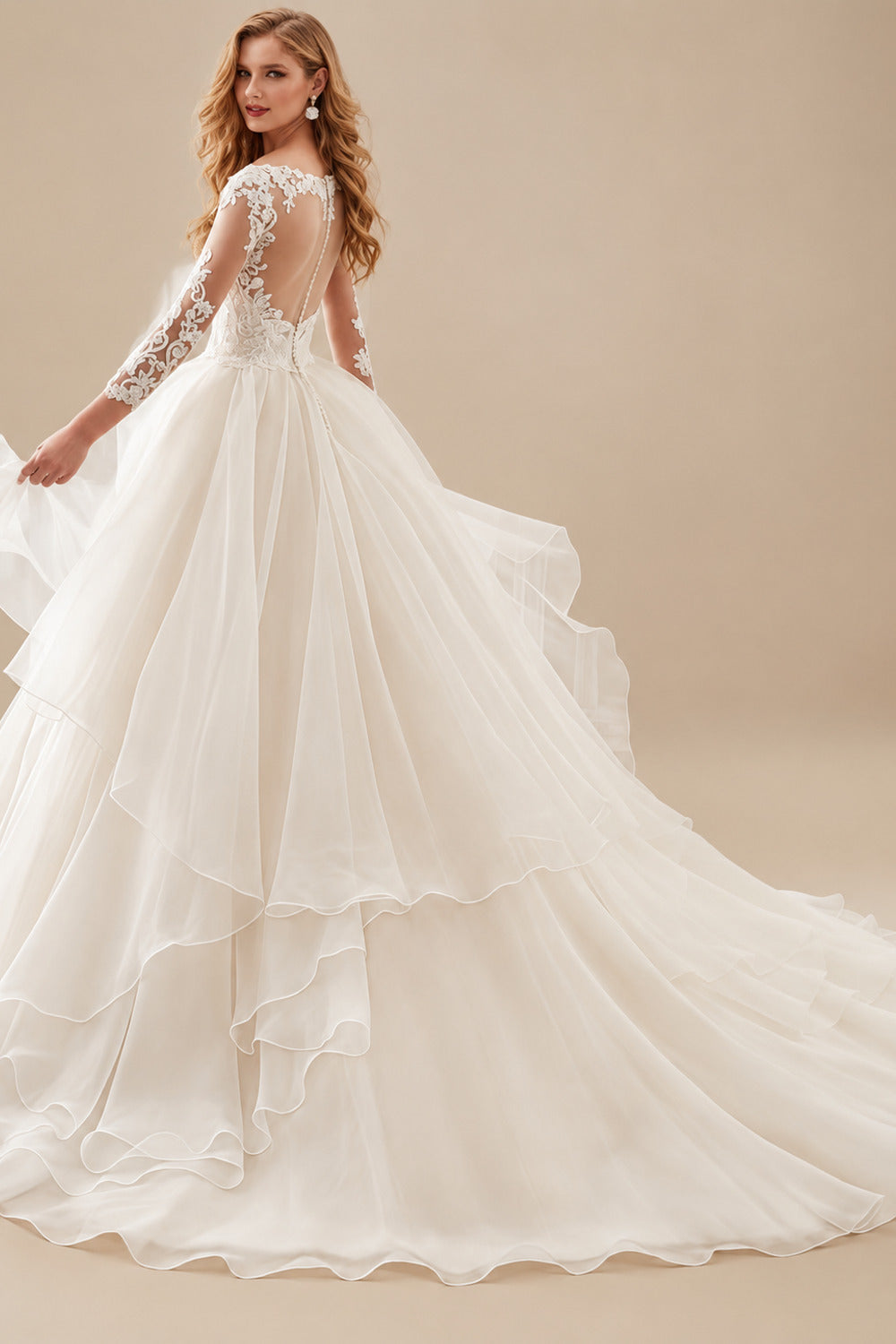 Rutipo Ivory Ball-Gown V-Neck 3/4 Sleeves Court Train Satin/Organza With Appliques Bride Wedding Dress