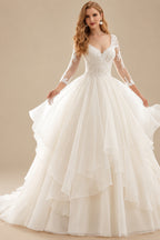 Rutipo Ivory Ball-Gown V-Neck 3/4 Sleeves Court Train Satin/Organza With Appliques Bride Wedding Dress