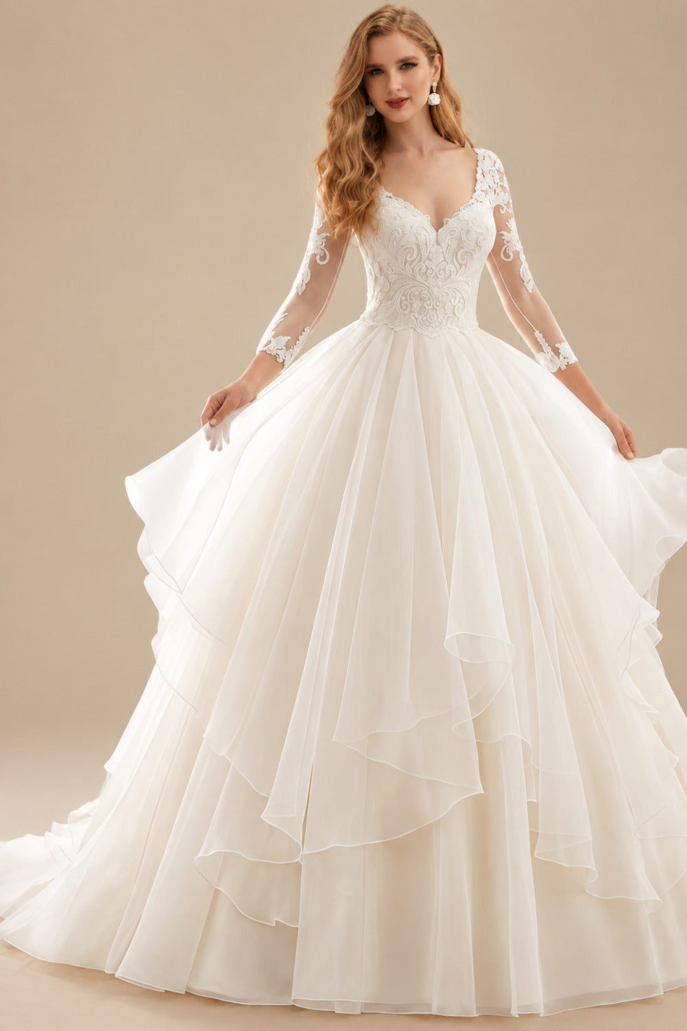 Rutipo Ivory Ball-Gown V-Neck 3/4 Sleeves Court Train Satin/Organza With Appliques Bride Wedding Dress